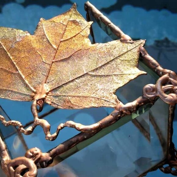 Dipped Electroplated Iridescent Copper Maple Leaf in a Beveled Glass Square - Picture 5 of 8